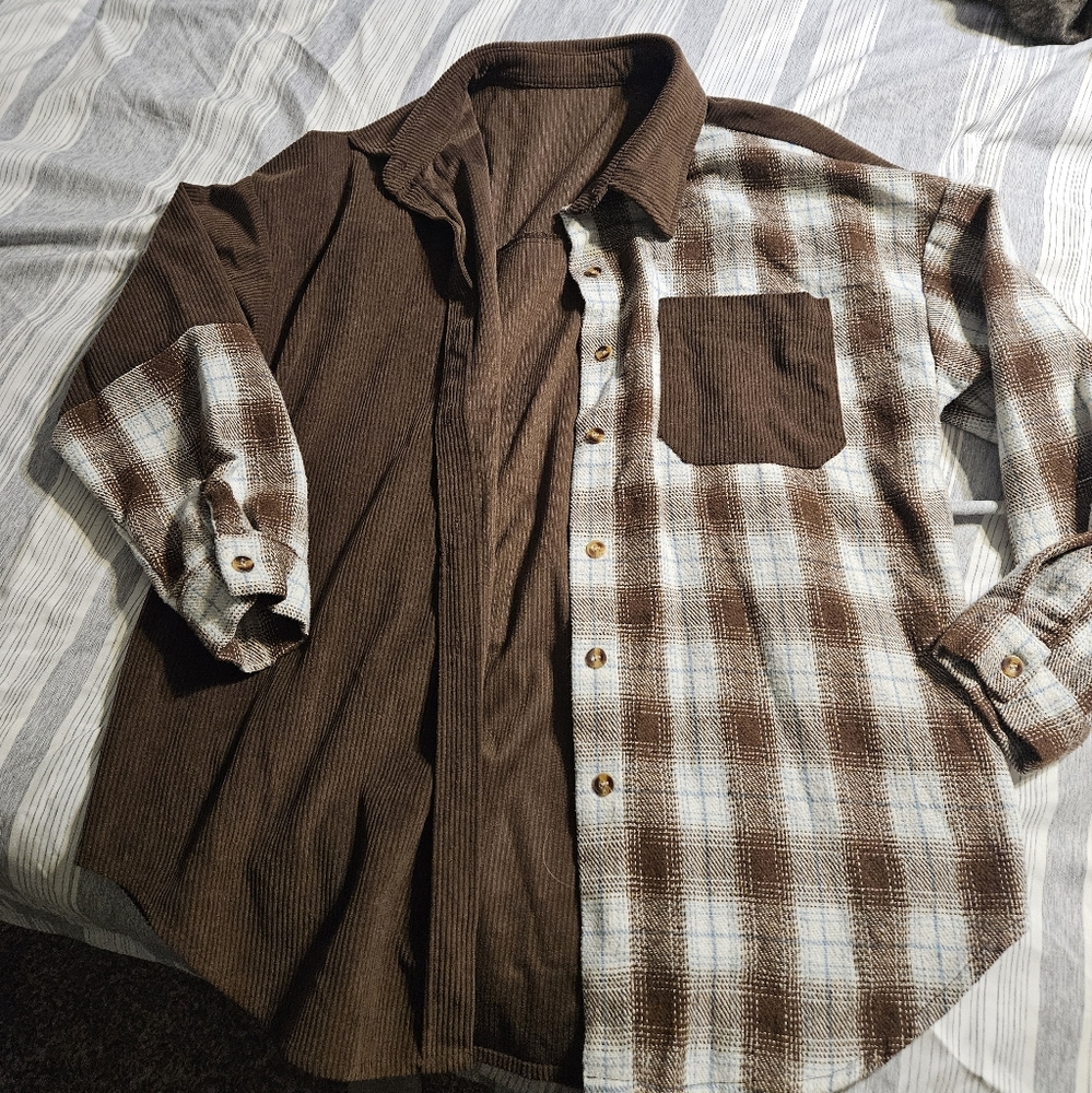 Brown and Plaid Button-Up Shirt